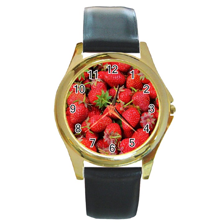 Strawberries Berries Fruit Round Gold Metal Watch