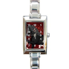 Awesmoe Black Horse With Flowers On Red Background Rectangle Italian Charm Watch by FantasyWorld7