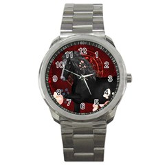 Awesmoe Black Horse With Flowers On Red Background Sport Metal Watch by FantasyWorld7