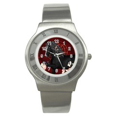 Awesmoe Black Horse With Flowers On Red Background Stainless Steel Watch by FantasyWorld7