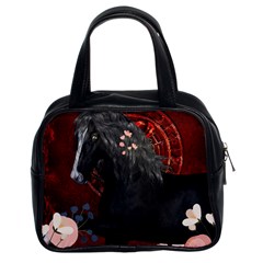 Awesmoe Black Horse With Flowers On Red Background Classic Handbags (2 Sides) by FantasyWorld7