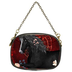 Awesmoe Black Horse With Flowers On Red Background Chain Purses (two Sides)  by FantasyWorld7