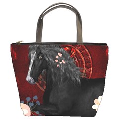 Awesmoe Black Horse With Flowers On Red Background Bucket Bags by FantasyWorld7