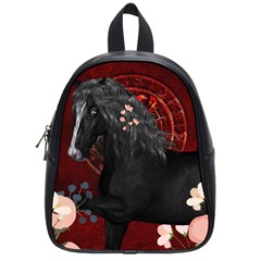 Awesmoe Black Horse With Flowers On Red Background School Bag (small) by FantasyWorld7