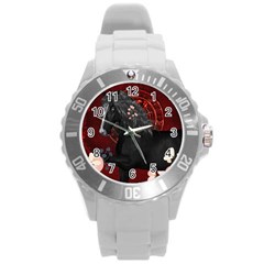 Awesmoe Black Horse With Flowers On Red Background Round Plastic Sport Watch (l) by FantasyWorld7