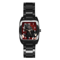 Awesmoe Black Horse With Flowers On Red Background Stainless Steel Barrel Watch by FantasyWorld7