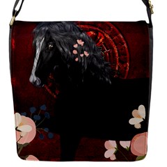 Awesmoe Black Horse With Flowers On Red Background Flap Messenger Bag (s) by FantasyWorld7