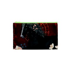 Awesmoe Black Horse With Flowers On Red Background Cosmetic Bag (xs) by FantasyWorld7