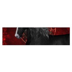 Awesmoe Black Horse With Flowers On Red Background Satin Scarf (oblong) by FantasyWorld7