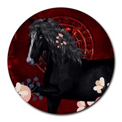 Awesmoe Black Horse With Flowers On Red Background Round Mousepads by FantasyWorld7