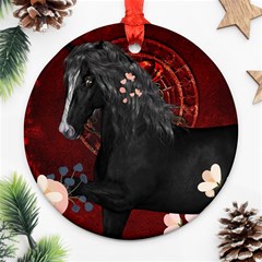 Awesmoe Black Horse With Flowers On Red Background Ornament (round) by FantasyWorld7