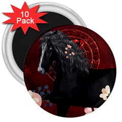 Awesmoe Black Horse With Flowers On Red Background 3  Magnets (10 Pack)  by FantasyWorld7