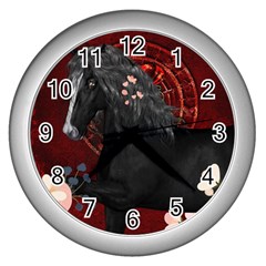 Awesmoe Black Horse With Flowers On Red Background Wall Clocks (silver)  by FantasyWorld7