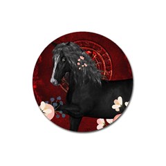 Awesmoe Black Horse With Flowers On Red Background Magnet 3  (round) by FantasyWorld7