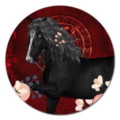 Awesmoe Black Horse With Flowers On Red Background Magnet 5  (round) by FantasyWorld7