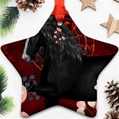 Awesmoe Black Horse With Flowers On Red Background Star Ornament (two Sides) by FantasyWorld7