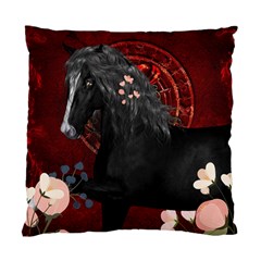 Awesmoe Black Horse With Flowers On Red Background Standard Cushion Case (two Sides) by FantasyWorld7