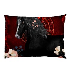 Awesmoe Black Horse With Flowers On Red Background Pillow Case by FantasyWorld7