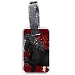 Awesmoe Black Horse With Flowers On Red Background Luggage Tags (one Side)  by FantasyWorld7