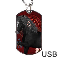 Awesmoe Black Horse With Flowers On Red Background Dog Tag Usb Flash (one Side) by FantasyWorld7