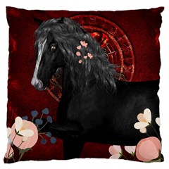 Awesmoe Black Horse With Flowers On Red Background Large Cushion Case (two Sides) by FantasyWorld7