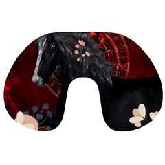 Awesmoe Black Horse With Flowers On Red Background Travel Neck Pillows by FantasyWorld7