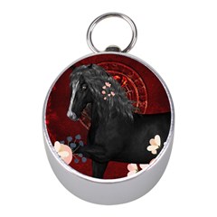 Awesmoe Black Horse With Flowers On Red Background Mini Silver Compasses