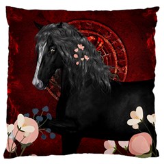 Awesmoe Black Horse With Flowers On Red Background Standard Flano Cushion Case (one Side) by FantasyWorld7