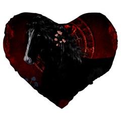 Awesmoe Black Horse With Flowers On Red Background Large 19  Premium Flano Heart Shape Cushions by FantasyWorld7