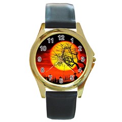 Halloween Landscape Round Gold Metal Watch by Valentinaart