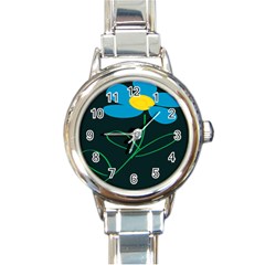 Whimsical Blue Flower Green Sexy Round Italian Charm Watch