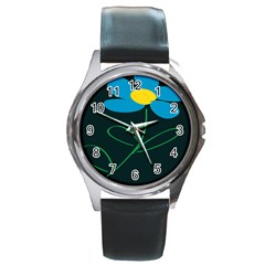 Whimsical Blue Flower Green Sexy Round Metal Watch by Mariart