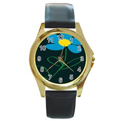 Whimsical Blue Flower Green Sexy Round Gold Metal Watch by Mariart