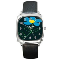 Whimsical Blue Flower Green Sexy Square Metal Watch by Mariart