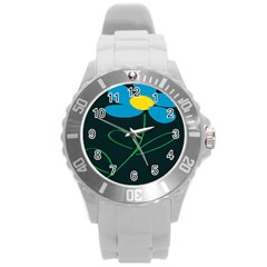 Whimsical Blue Flower Green Sexy Round Plastic Sport Watch (l) by Mariart