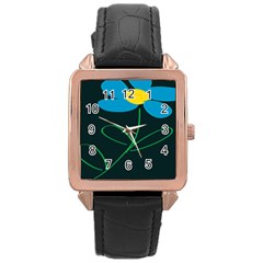 Whimsical Blue Flower Green Sexy Rose Gold Leather Watch  by Mariart