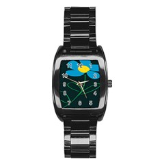 Whimsical Blue Flower Green Sexy Stainless Steel Barrel Watch by Mariart