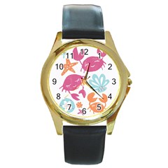 Animals Sea Flower Tropical Crab Round Gold Metal Watch by Mariart