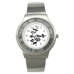 Birds Flower Rose Black Animals Stainless Steel Watch by Mariart