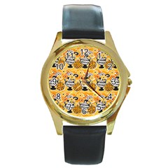 Amfora Leaf Yellow Flower Round Gold Metal Watch