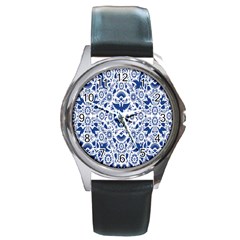 Birds Fish Flowers Floral Star Blue White Sexy Animals Beauty Round Metal Watch by Mariart