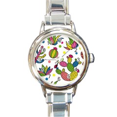 Cactus Seamless Pattern Background Polka Wave Rainbow Round Italian Charm Watch