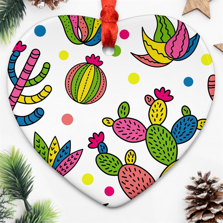 Cactus Seamless Pattern Background Polka Wave Rainbow Ornament (Heart)