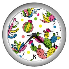 Cactus Seamless Pattern Background Polka Wave Rainbow Wall Clocks (silver)  by Mariart