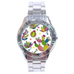 Cactus Seamless Pattern Background Polka Wave Rainbow Stainless Steel Analogue Watch by Mariart