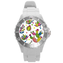 Cactus Seamless Pattern Background Polka Wave Rainbow Round Plastic Sport Watch (l) by Mariart