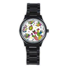 Cactus Seamless Pattern Background Polka Wave Rainbow Stainless Steel Round Watch by Mariart