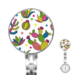 Cactus Seamless Pattern Background Polka Wave Rainbow Stainless Steel Nurses Watch