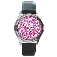 Conversational Triangles Pink White Round Metal Watch by Mariart