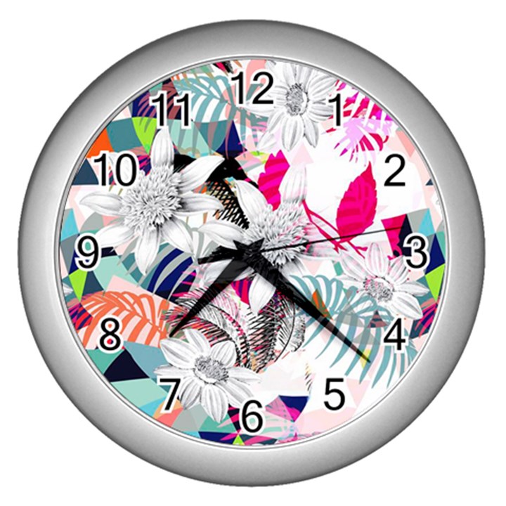 Flower Graphic Pattern Floral Wall Clocks (Silver) 